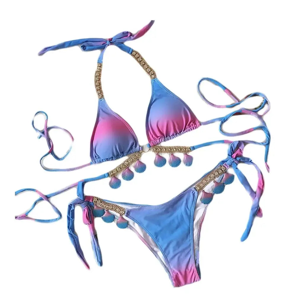 Womens two piece bikini swimwear with gradient blue and pink halter style, gold-trimmed straps, and shell embellishments