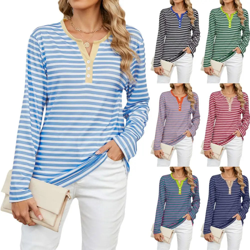 Women’s v-neck striped loose henley top in blue and white with long sleeves and contrasting yellow collar and button placket