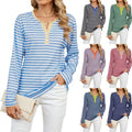 Women’s v-neck striped loose henley top in blue and white with long sleeves and contrasting yellow collar and button placket