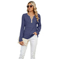 Women’s v-neck striped loose henley top in navy and beige with long sleeves and green collar for casual wear