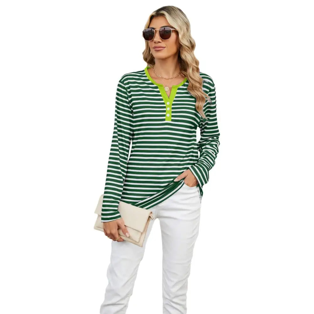 Women’s v-neck striped loose henley top with green and white stripes and lime green collar and button placket