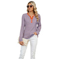 Women’s v-neck striped loose henley top with long sleeves lavender and white stripes orange collar and button placket