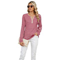 Women’s v-neck striped loose henley top with red and white horizontal stripes buttoned placket and asymmetrical hem
