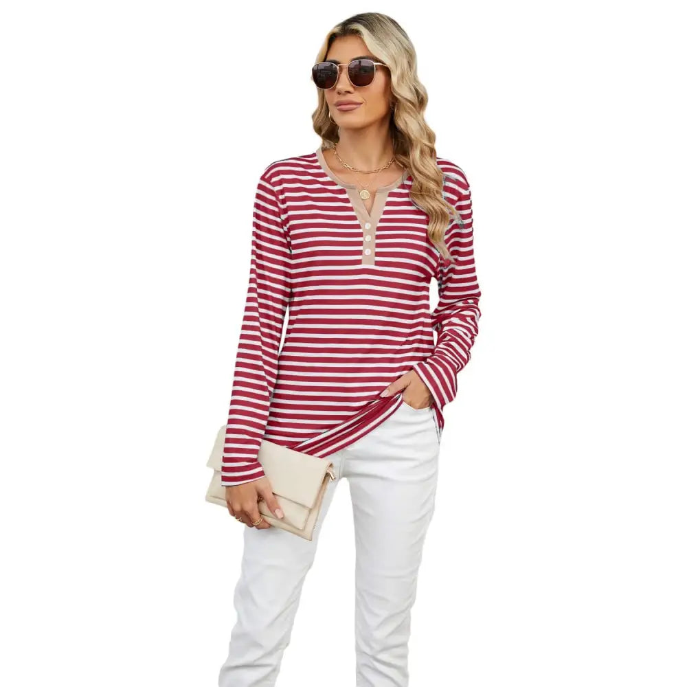 Women’s v-neck striped loose henley top with red and white horizontal stripes buttoned placket and asymmetrical hem