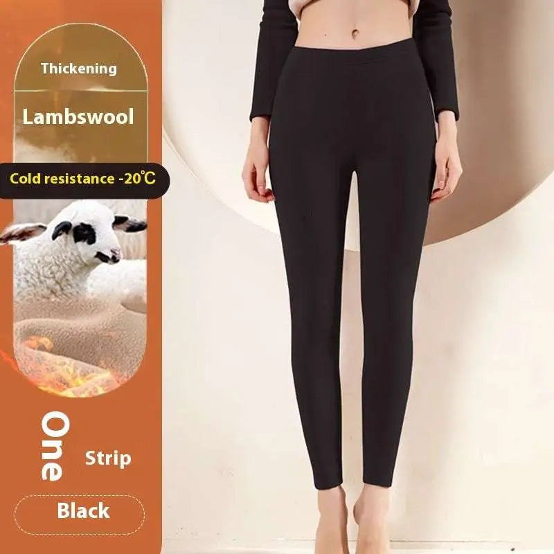 Black women’s warm cashmere fleece lined thermal leggings made from thickening lambswool for cold resistance to -20°c