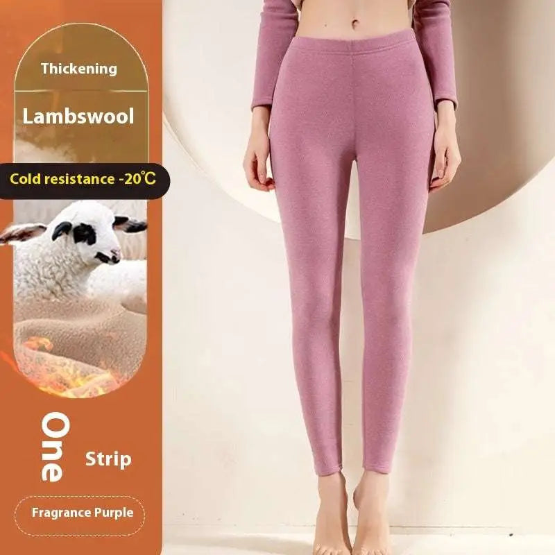 Women’s warm cashmere fleece purple lambswool fleece lined thermal leggings with thickening design for cold resistance