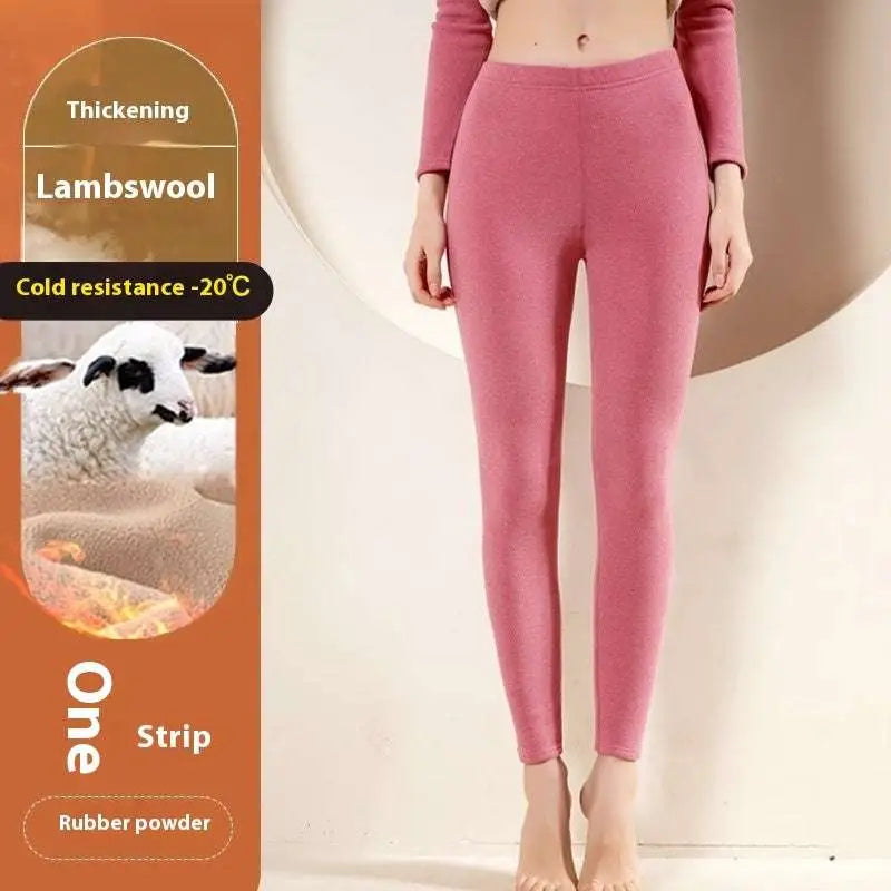 Pink lambswool warm cashmere fleece lined thermal leggings with rubber powder finish for cold resistance to minus 20°c