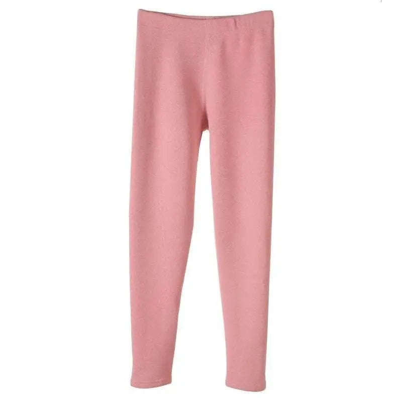 A pair of warm cashmere fleece lined thermal leggings in soft pink with stretchy fabric and elastic waistband
