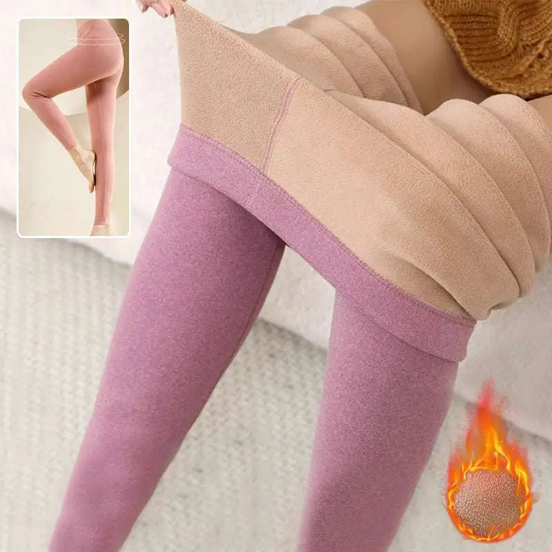 Women’s warm cashmere fleece lined thermal leggings in pink and beige with plush fleece interior for extra warmth
