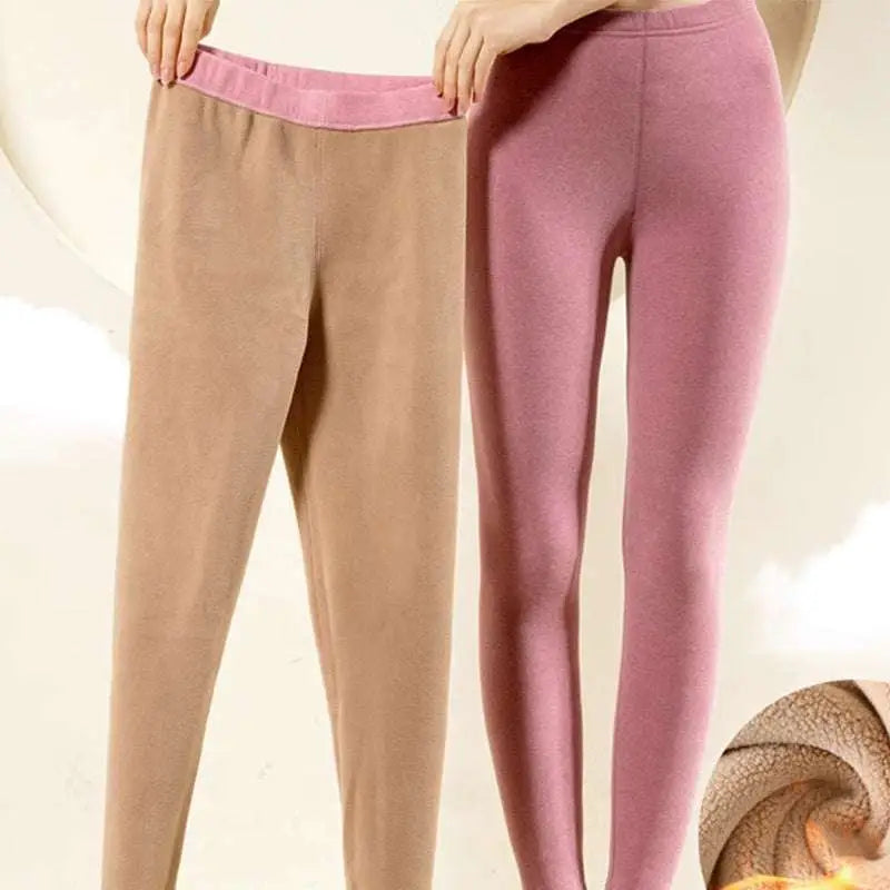 Women’s warm cashmere fleece lined thermal leggings in pink and beige with plush fleece interior for extra warmth