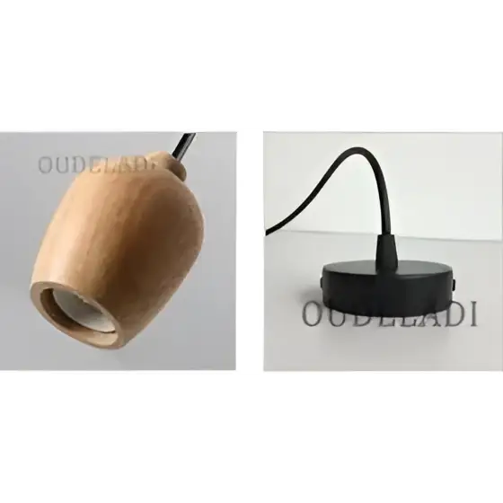 Minimalist wood pendant light with natural finish and black base featuring edison glass bulb for living room