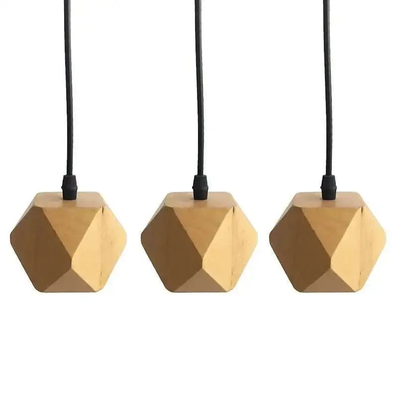 Three light brown geometric wood pendant lights with edison glass bulb and black cords for living room decor