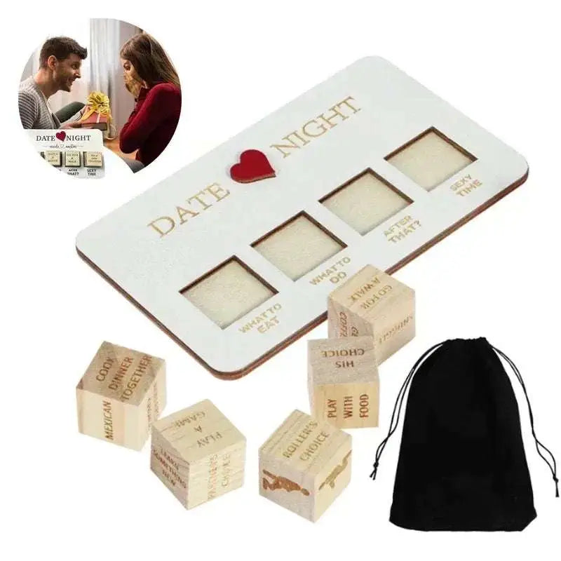White wooden date night dice game board with red heart and six engraved slots with light wooden romantic cubes