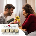 White rectangular wooden date night dice game board with engraved wooden blocks featuring date night dice ideas