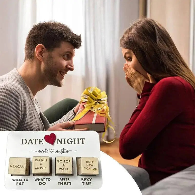 White rectangular wooden date night dice game board with engraved wooden blocks featuring date night dice ideas