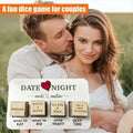 Wooden date night dice game board in white with four wooden dice engraved with options for date night dice activities