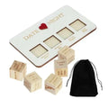 White wooden date night dice game board with gold lettering red heart and engraved wooden cubes in black bag