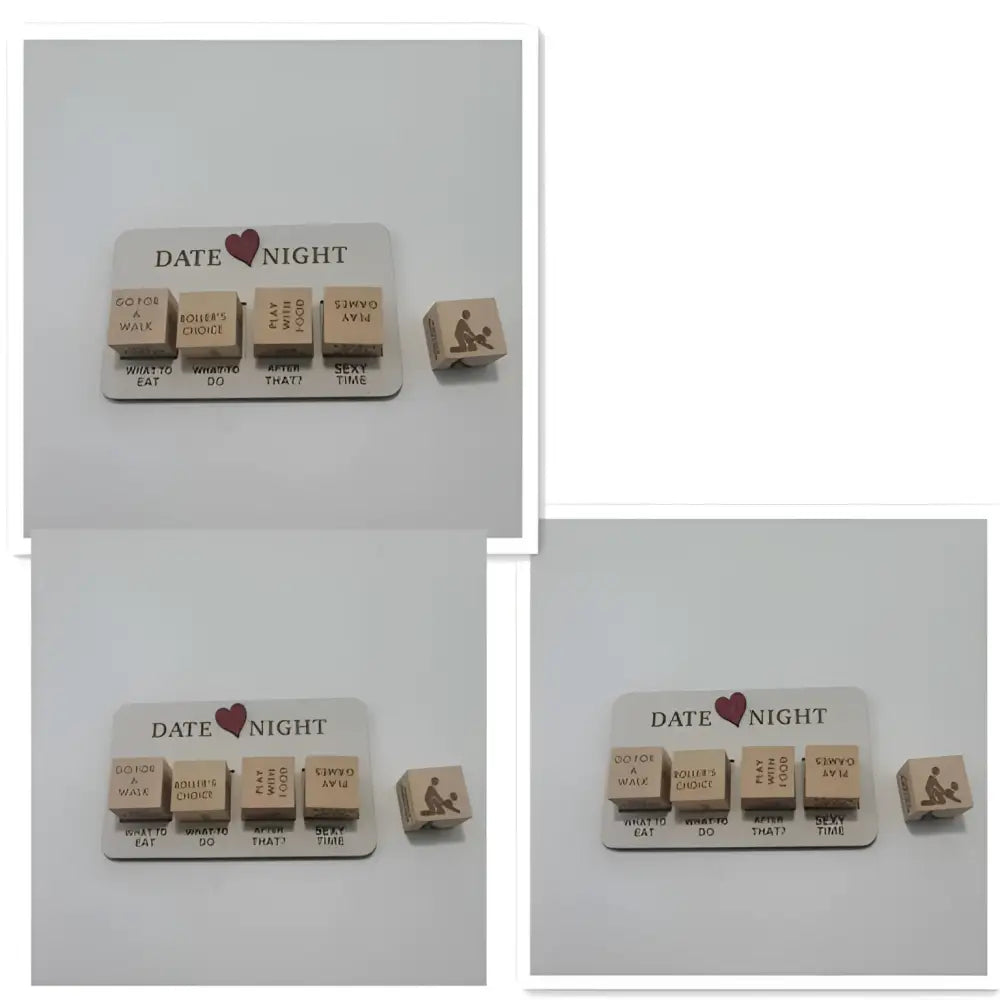 Wooden date night dice game board in light wood color with engraved cubes and heart shaped charm for date night dice play