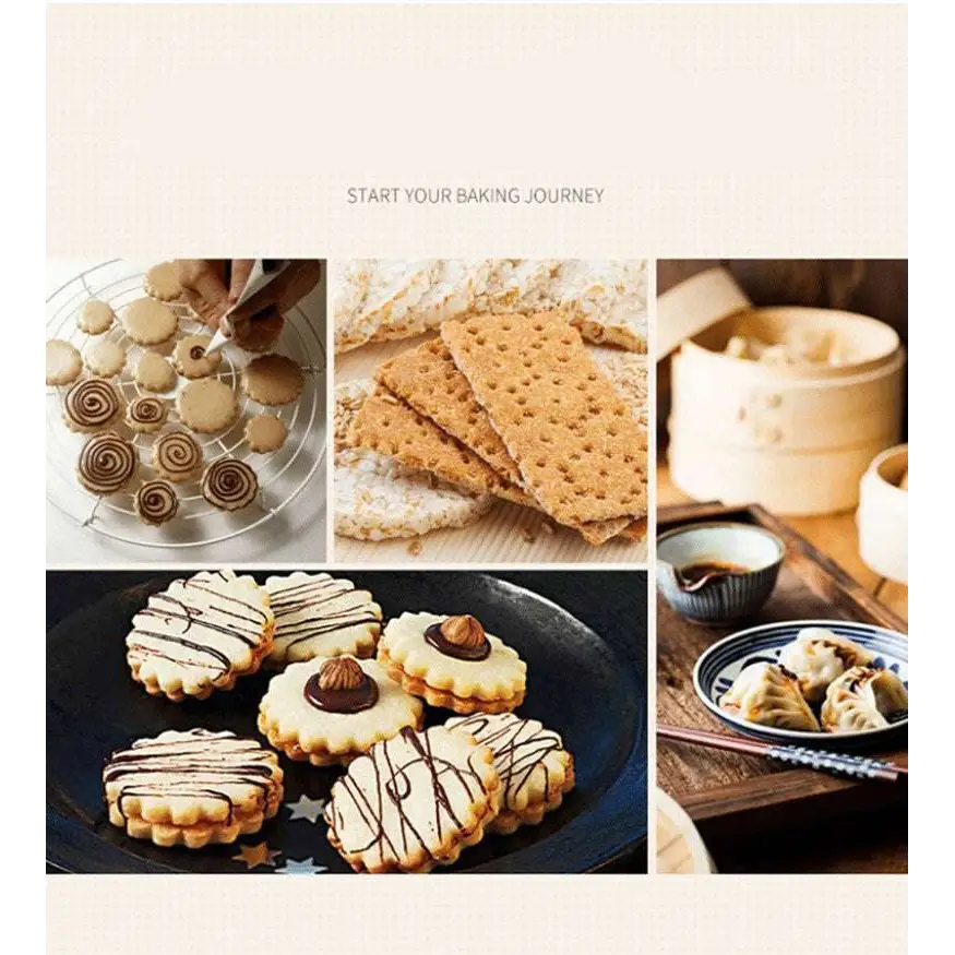 A wooden gear dim sum pastry cutter with handle displayed alongside assorted decorated cookies, crackers, and dumplings