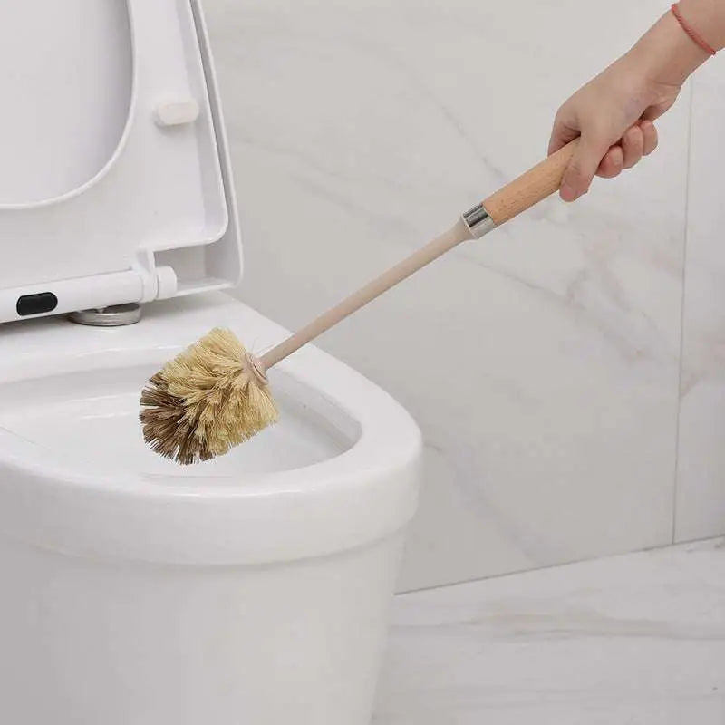 Wooden household handle toilet brush with natural bristles and metallic joint for effective cleaning toilet brush use