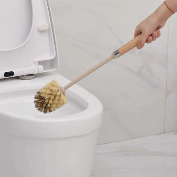 Wooden household handle toilet brush with natural bristles and metallic joint for effective cleaning toilet brush use