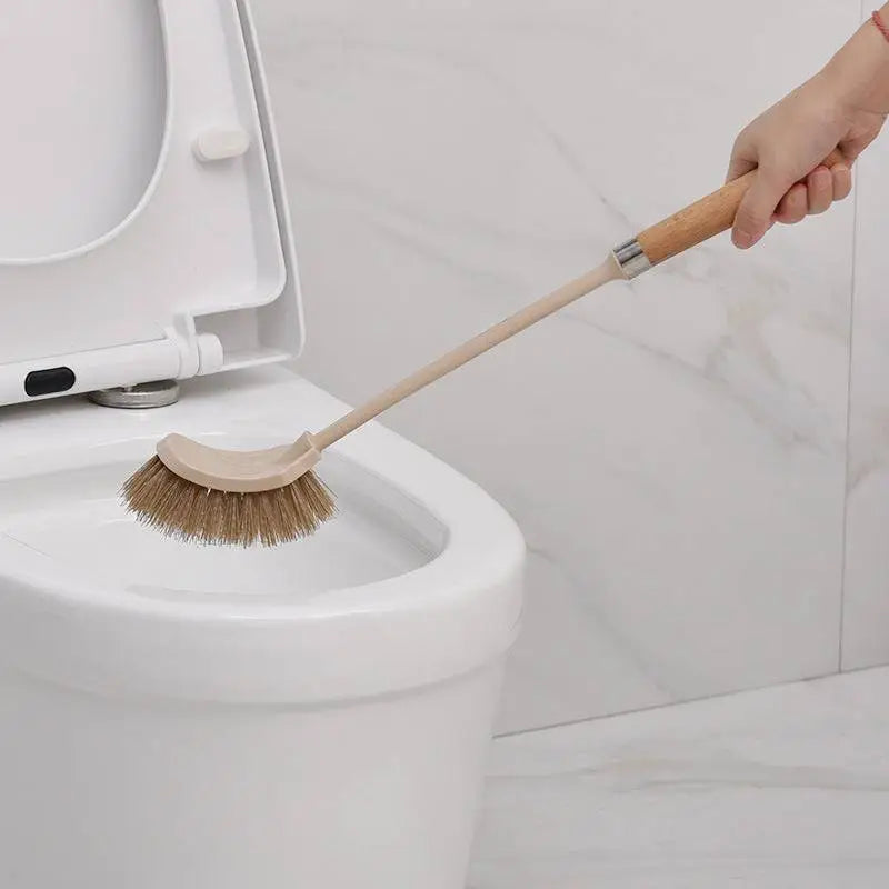 Wooden household handle cleaning toilet brush with curved beige plastic head and natural bristles for effective cleaning