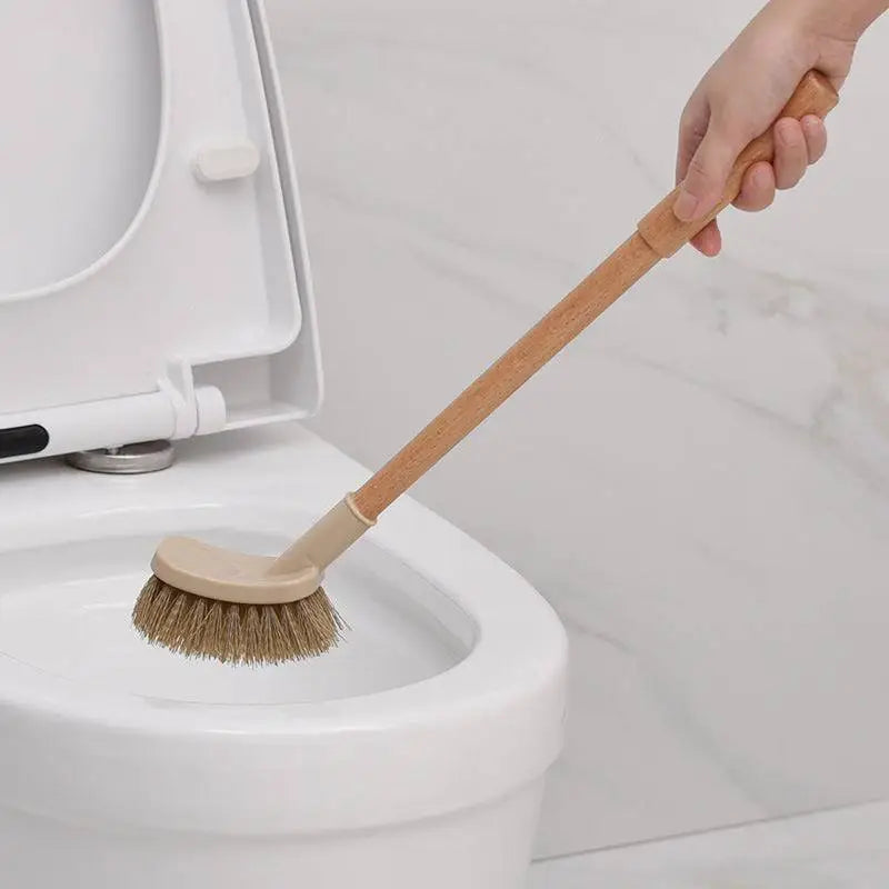 Wooden household handle toilet brush with beige plastic head and natural bristles cleaning toilet brush for hygiene