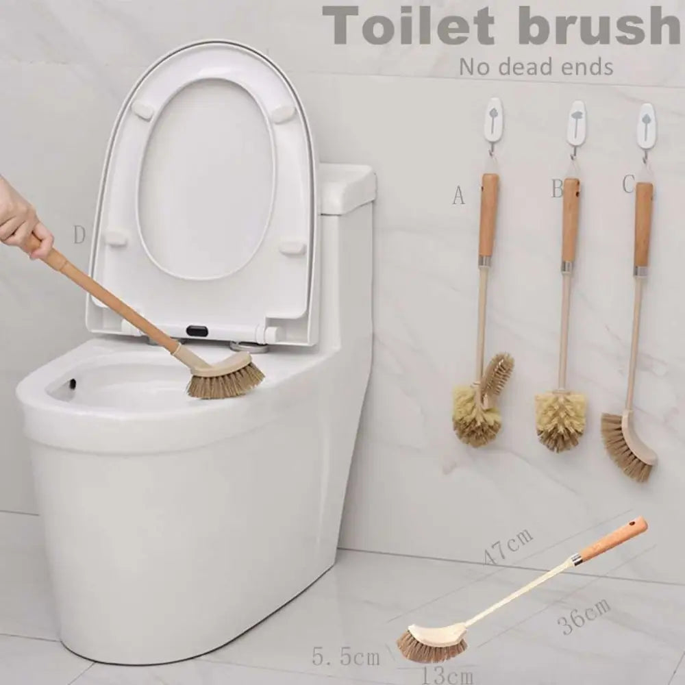 Wooden household handle toilet brush with natural bristles and curved head for efficient cleaning toilet brush use