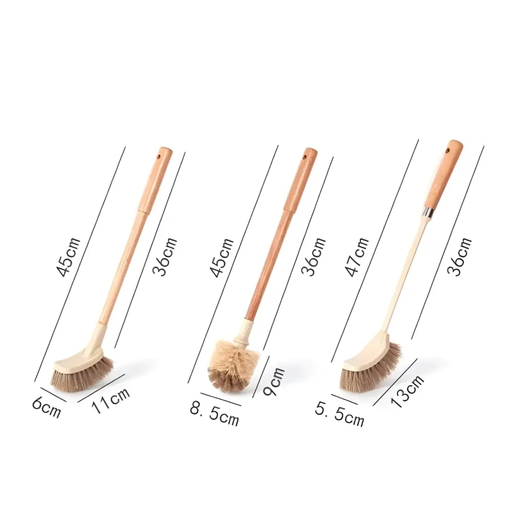 Set of three cleaning toilet brushes with wooden household handle and natural bristle heads in varying lengths