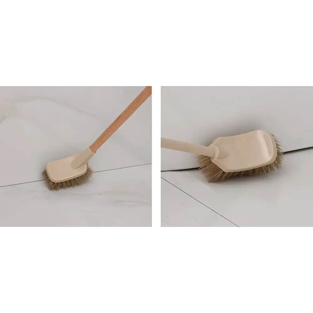 Beige cleaning toilet brush with plastic head natural bristles and wooden household handle for effective cleaning