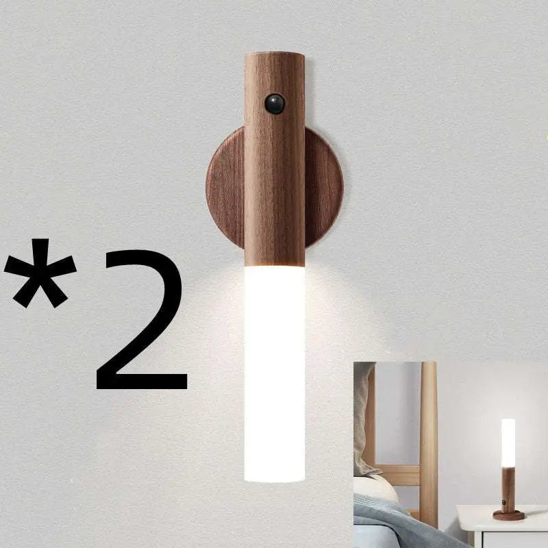 Wooden led desk lamp sconce with a cylindrical wood body frosted glass diffuser and a small black sensor on top