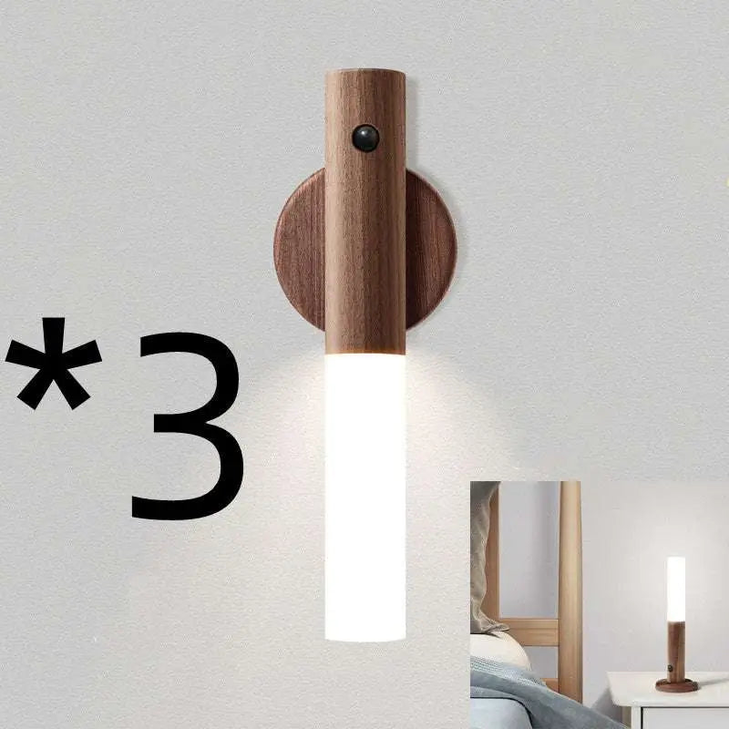 Wooden led desk lamp sconce with frosted glass featuring a cylindrical wooden body, matte finish, and integrated motion sensor