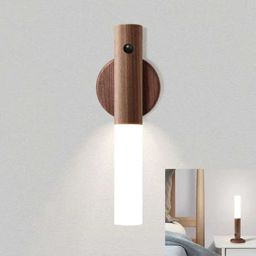 Warm-toned wooden led desk lamp sconce with a cylindrical frosted glass diffuser and circular wood backplate