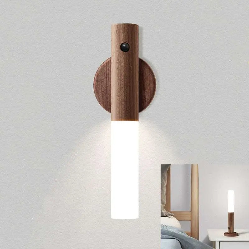 Warm-toned wooden led desk lamp sconce with cylindrical frosted glass diffuser and circular wood backplate