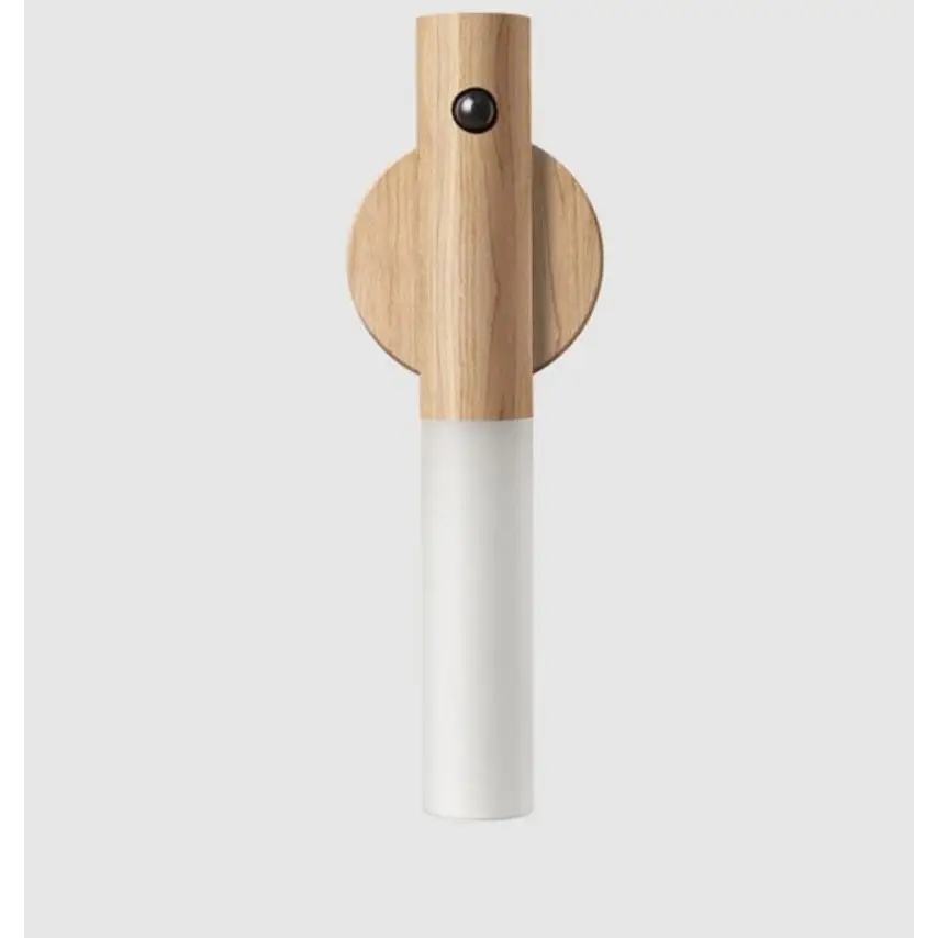 Minimalist wooden led desk lamp sconce with frosted glass cylindrical shade and circular wood base mounted on wall