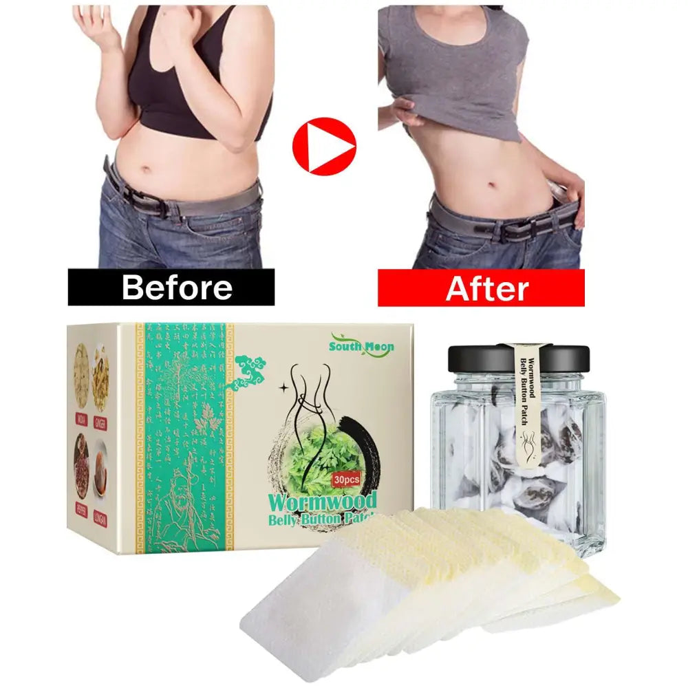 Wormwood herbal weight loss patches in beige and green box with 30 pieces displayed with glass jars south moon brand