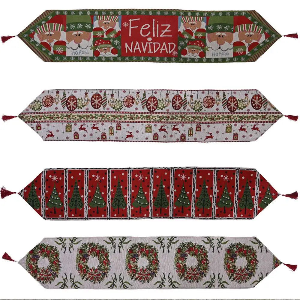 Four festive woven christmas table runners in red green and white with embroidered details and tassels for holiday decor