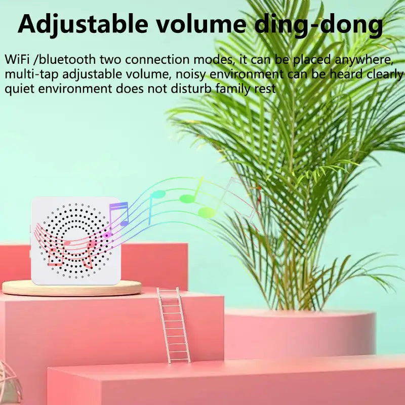 white square-shaped adjustable volume wireless video doorbell with 9e9e9e chime speaker featuring a perforated front panel and wifi bluetooth connectivity designed with display -ms-flexbox functionality.