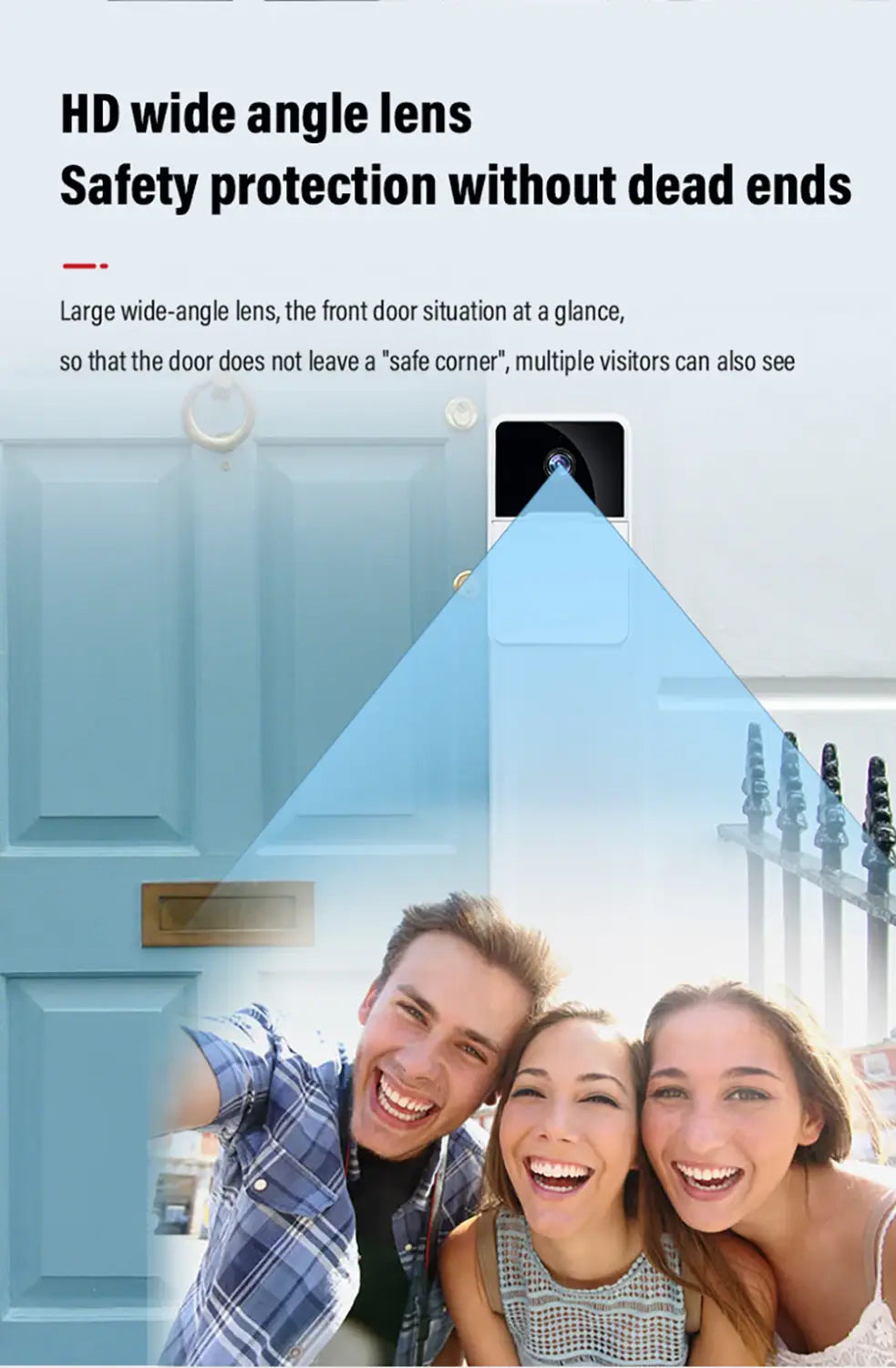 Black rectangular wireless video doorbell with hd wide-angle lens and 9e9e9e chime speaker featuring display -ms-flexbox technology.
