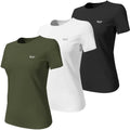Three short-sleeved wulbike women shirt running quick dry in olive green white and black with subtle chest logo