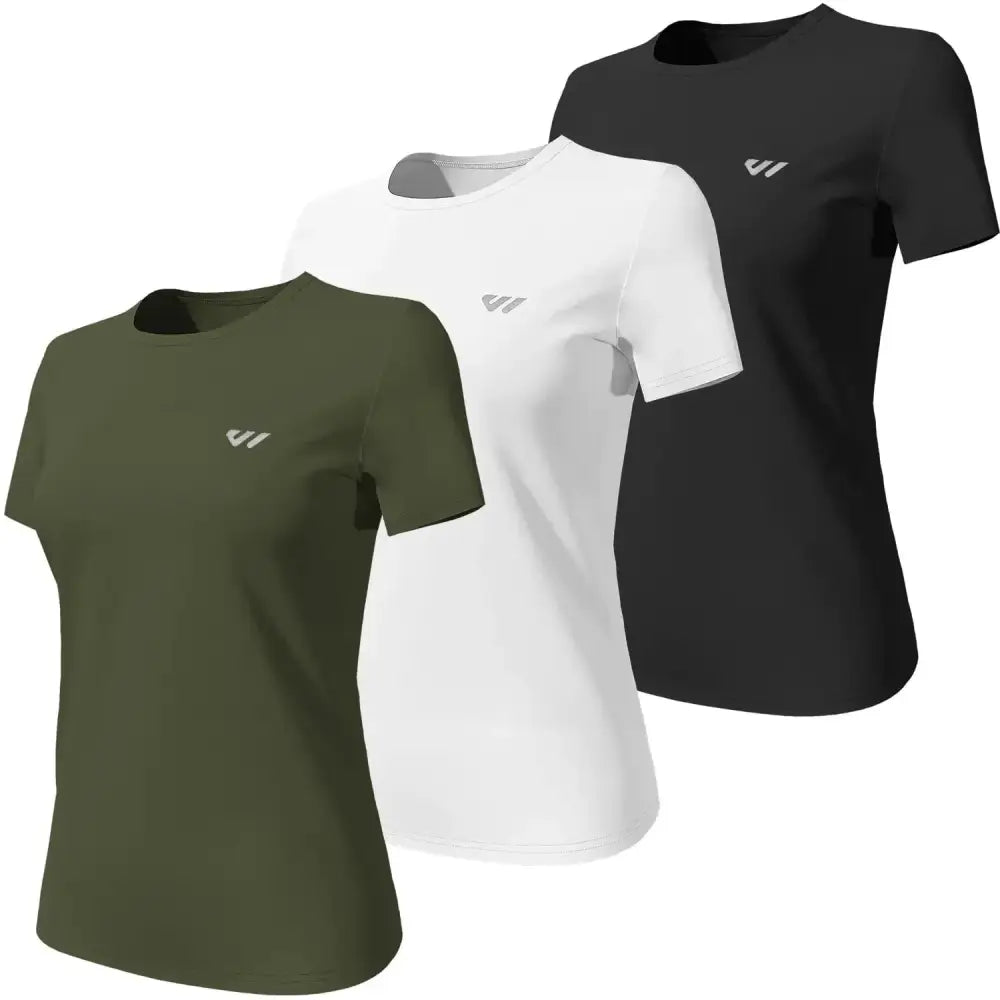 Three short-sleeved wulbike women shirt running quick dry in olive green white and black with subtle chest logo