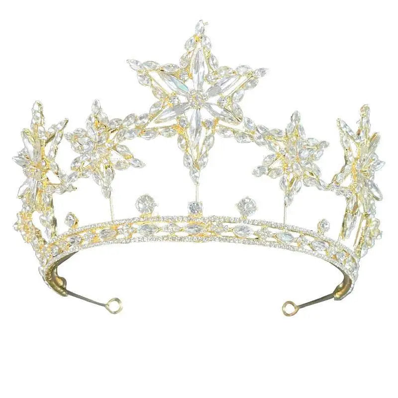 A xingx rhinestone fashion gold tiara crown featuring intricate crystal star-shaped embellishments and sparkling details