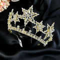A sparkling gold tiara crown with intricate crystal star and leaf designs from xingx rhinestone fashion collection