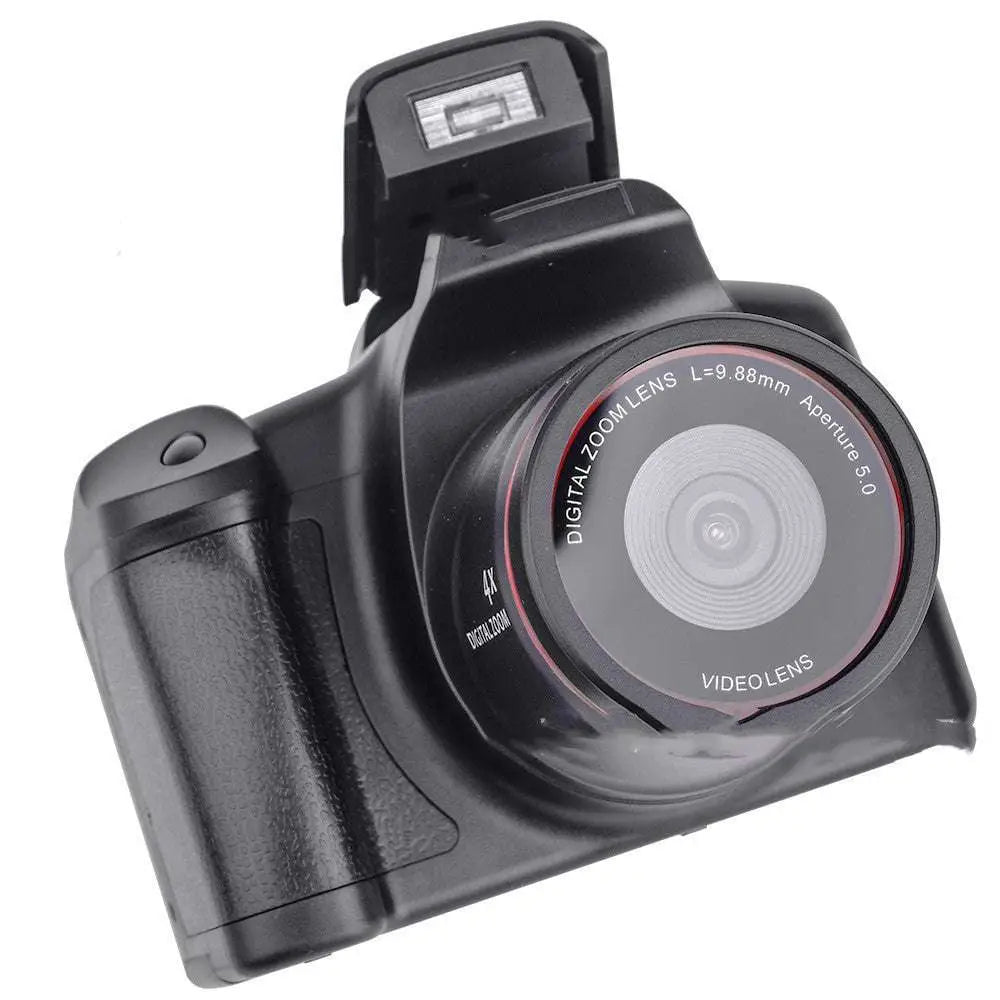 Black xj05 digital video camera with 4x zoom lens and red accent ring around the objective lens