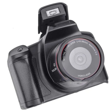Black xj05 digital video camera with 4x zoom lens and red accent ring around the objective lens