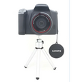 Black xj05 digital video camera with red lens ring and 4x zoom lens mounted on a silver tripod for video recording