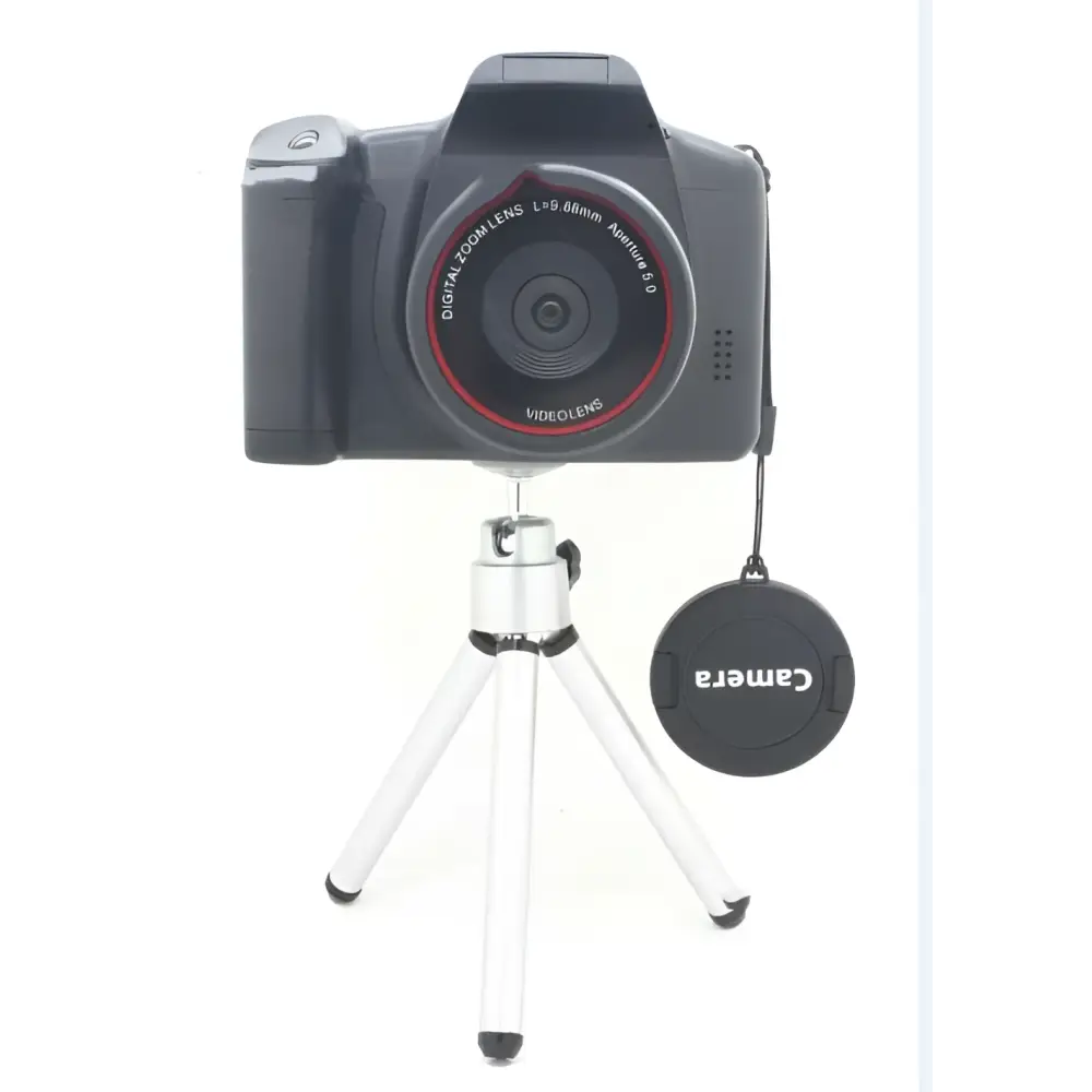 Black xj05 digital video camera with red lens ring and 4x zoom lens mounted on a silver tripod for video recording
