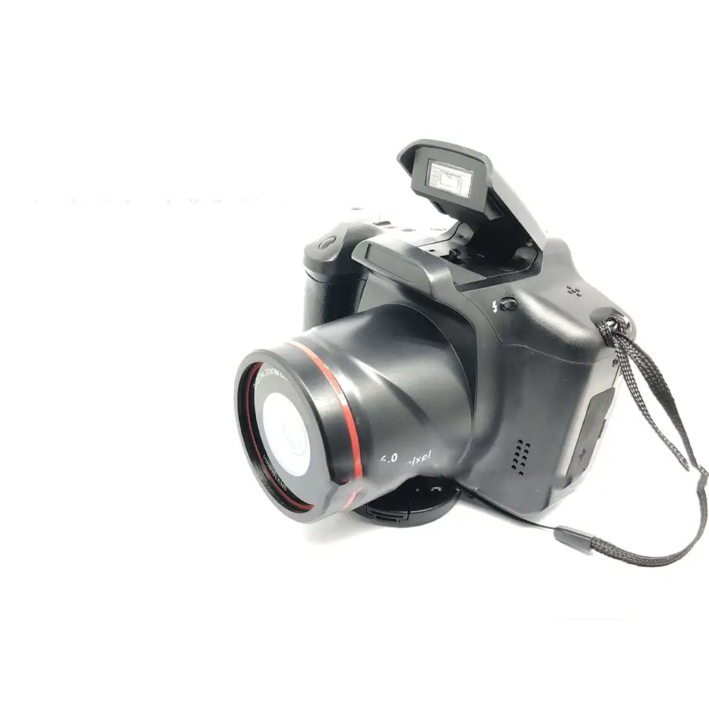 Black xj05 digital video camera with 4x zoom lens red accent ring and built-in flash for high-quality recording