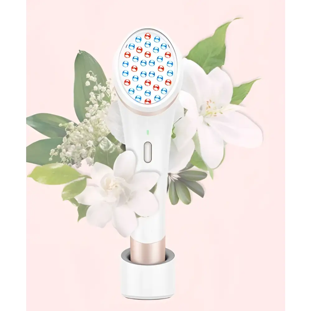 Xpreen wireless blue light acne therapy device in white and rose gold with circular head featuring red and blue lights