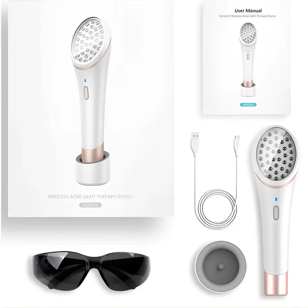 Xpreen wireless blue light acne therapy device in white and rose gold with circular LED light head for acne treatment